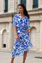 Blue and White Print, V-Neck, Sash Detail, Long Dress