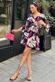 Women's Black Patterned Viscose, Bat Sleeve, Double Breasted Mini Kimono - Flared Short Dress - 2