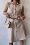 Women's Jewel Sleeveless, Shirt Collar, Solid Color Pattern, Double Pocket, A-line Cut, Aerobin, Belted Midi Dress - 6