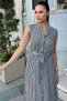 Women's Navy Striped Modern Style Self Belt Sleeveless Long Shirt Dress - 5