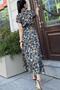 Women's Black Patterned, Half Sleeve and Half Patch Shirt Collar, Elastic Waist, Loose Long Satin Dress - 3