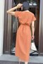 Terracotta Color V-Neck, Short Sleeve, Airobin Fabric, Shoulder Detail, Belted/ Belted, Front Slit Maxi Dress - 7