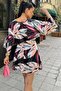 Women's Black Patterned Viscose, Bat Sleeve, Double Breasted Mini Kimono - Flared Short Dress - 5