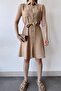 Women's Beige Sleeveless, Shirt Collar, Solid Color Pattern, Double Pocket, A-line Cut, Aerobin, Belted Midi Dress - 3