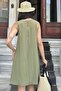 Women's Khaki Straw Pocket Detail, Back Button Closure, Midi, Flared Airobin Dress - 2