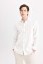 100% Cotton Regular Fit Polo Collar Long Sleeve Cotton Linen Look White Shirt B4129Ax24Sp - 3