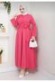 Women's Hijab Fuchsia Fixed Belted Modern Stylish Long Evening Dress Outfit - 3