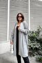 Women's Gray Plain Shawl Collar, Long Sleeve, Button Detailed Slit Soft Textured Long Oversize Cardigan - 3