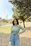 Women's Mint High Collar, Long Sleeve, Body Fitting, Stretch Fabric, Low Cut Detail, Knitwear Blouse - 3