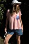 Women's Pink V-Neck, Pocket Detail, Loose Cut, Short Sleeve, Basic Blouse - 2