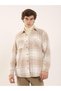 Beige Men's Regular Fit Plaid Pattern Brent Collar Long Sleeve Shirt