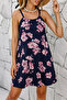 Women's Navy Blue Pink Floral Patterned Dress - 4