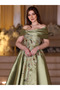 Olive Green Off-Shoulder Mikado Evening Dress with Hand Embroidery - Formal Gown - 4