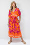 Women's Orange Fuchsia Front Back V-Neck Patterned Skirt Flounced Summer Woven Dress Prmx14199 - 4