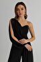 Women's Belt Detailed Chest Padding Draped Wide Leg Chiffon Lined Single Sleeve Black Jumpsuit 1336