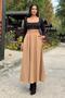 Camel Elastic High Waist, A-Line, Flowy and Loose, Long Kupra Skirt - 4