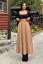 Camel Elastic High Waist, A-Line, Flowy and Loose, Long Kupra Skirt - 2