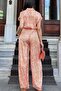Women's Orange Patterned, Half Sleeve and Half Placket Shirt Collar, Elastic Waist, Loose Long Satin Jumpsuit - 4