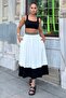 Women's White & Black Color Block Pattern, Elastic Waistband, Comfortable Fit, Long Skirt with Pockets
