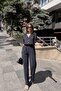 Black Apaš Collar, Short Sleeve, Linen/Airobin Fabric, Relaxed Fit, Half Placket, Gathered Waist Jumpsuit - 3