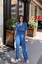 Indigo Apaş Collar, Short Sleeve, Linen/Airobin Fabric, Relaxed Fit, Half Placket, Gathered Waist Jumpsuit - 4