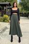 Khaki Elastic High Waist, A-Line, Flowy and Loose, Long Cupra Skirt - 3