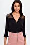 Women's Black Lace Detailed Long Sleeve Regular Cut Standard Size Shirt - 5