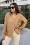 Women's Camel V-Neck, Long Sleeve, Airobin Fabric, Back Pleated, Loose Shirt