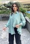 Women's Mint Textured Fabric, Long, Balloon Sleeve, Relaxed Fit, Cotton Shirt - 5