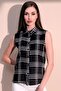 Women's Black Quality Production Square Pattern Plaid Sleeveless Shirt - 2