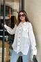 Women's White Balloon Sleeve, Pleated, Slit, Oversize, Linen Tunic Shirt - 3