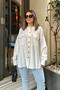 Women's White Balloon Sleeve, Pleated, Slit, Oversize, Linen Tunic Shirt - 7