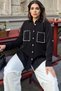 Women's Black Pearl Decoration, Double Pocket Detail, Pleated Back, Sweat-Free, Kupra Fabric, Loose Shirt - 2