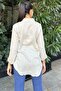 Women's Beige Long Sleeve Special Fabric Single Pocket Shirt Upright Striped Long Back Basic Cut Shirt - 4