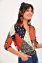 Women's Orange Patchwork Patterned Classic Collar Long Sleeve Standard Size Shirt - 4