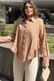 Women Beige Loose Shirt with Ruffled Hem and Slit Detail, Sweat-Free Comfortable Fabric (Cotton Linen) - 2