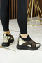 Lopez Exclusive Gold Patent Leather Stretch Stone Hidden Wedge Heeled Casual Shoes - 5