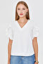 Women's White V Neck Ruffled Short Sleeve Blouse Arm-25Y001090 - 2