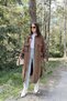Women's Brown Long Sleeve, Double Pocket, Oval Cut the Skirt, Belt, Cashmere Shirt Coat - 5