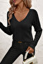 Women's Hair Braided V-Neck Black Sweater - 3