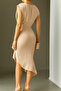 Beige Scuba Fabric Off the Shoulder Flounced Dress - 2