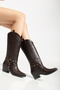 Women's Bitter Brown Leather Embroidered Trok Detailed Western Cowboy Boots - 3