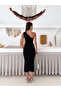 Women's Black Stone Detailed One Shoulder and Slit Long Dress - 9