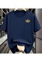 Colorful Leaf Chest Printed Cotton Combed Cotton Round Neck Navy Blue T-Shirt