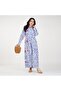 Blue and White Abstract Printed Maxi Shirt Dress – with Long Sleeves and Collared Neckline