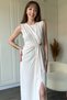 Beige Draped Dress with Accessory Detail and Slit - 3