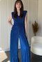 Padded Waist Detailed Crinkle Pleated Wide Leg Navy Blue Jumpsuit - 5