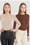 Women's Cream Brown Round Neck 2-Piece Bodysuit