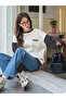 Large Size Cream-Anthracite Enough Printed 3 thread Oversize Crew Neck Sweatshirt - 3