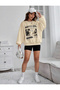 Large Size Cream Printed 3 thread Oversize Crew Neck Sweatshirt - 2